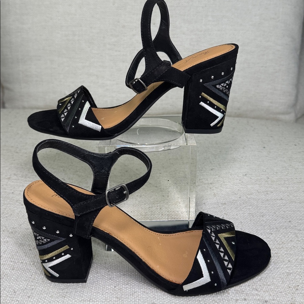 Mari A Black Faux Suede and Silver Stud with Geometric Design Chunky Heels